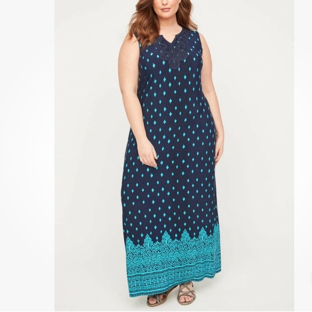 Catherines Blue Geometric Terrace Ridge Sleeveless Maxi Dress Size 5X